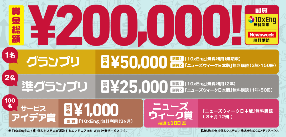 賞金総額¥200,000! … グランプリ(1名):¥50,000/準グランプリ(2名):¥25,000/サービスアイデア賞(100名):¥1,000/ニューズウィーク賞(抽選で100名):『ニューズウィーク日本語版』無料購読(3ヶ月12冊)
