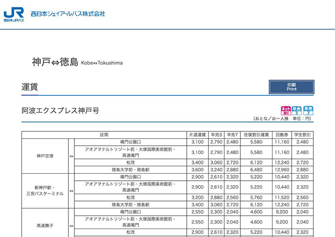 西日本JRバス 阿波エクスプレス神戸号【学生割引】