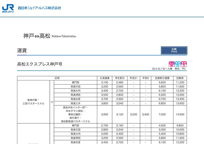 西日本JRバス 高松エクスプレス神戸号【学生割引】