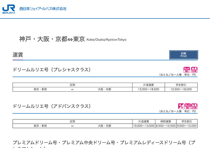 西日本JRバス 神戸・大阪・京都⇔東京【学生割引】